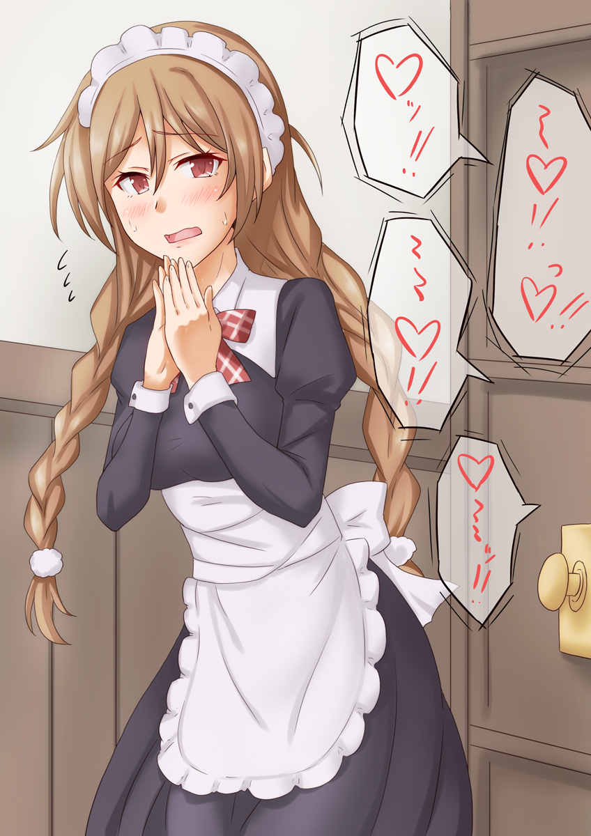 1girl alternate_costume anti_(untea9) apron black_dress braid cloud_hair_ornament commentary_request cowboy_shot door dress enmaided frilled_apron frills gradient_hair hands_together highres kantai_collection light_brown_hair long_hair looking_at_viewer maid maid_headdress minegumo_(kancolle) multicolored_hair red_eyes solo twin_braids white_apron