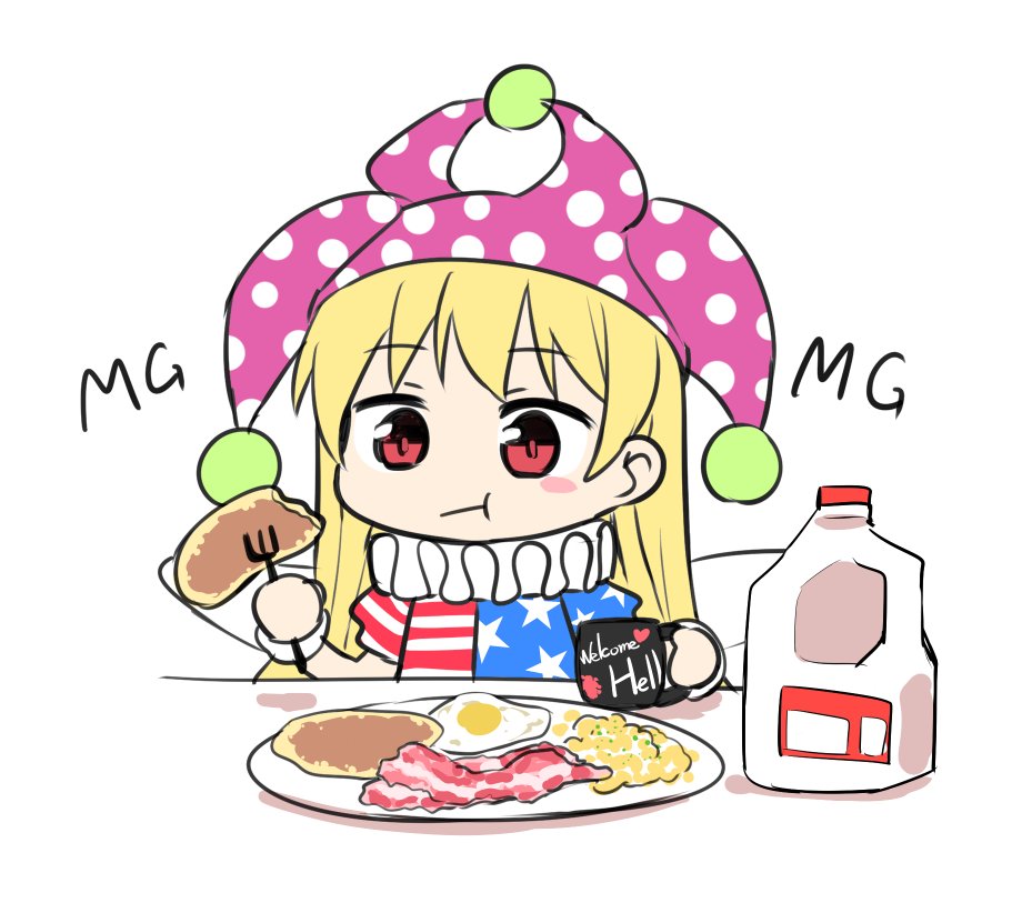 1girl :t american_flag_dress bacon bangs blonde_hair blush_stickers breakfast chibi closed_mouth clownpiece cup eating eyebrows_visible_through_hair fairy_wings food fork hat holding holding_cup holding_fork jester_cap jug long_hair mg_mg milk neck_ruff nibi plate polka_dot purple_headwear red_eyes short_sleeves simple_background solo star_(symbol) star_print sunny_side_up_egg table touhou upper_body white_background wings