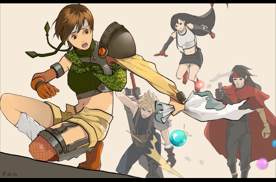 armor black_hair brown_hair clawed_gauntlets cloak cloud_strife final_fantasy final_fantasy_vii gun headband materia red_cloak shillo short_hair shorts shoulder_armor suspenders sword tifa_lockhart torn_bag vincent_valentine weapon yuffie_kisaragi