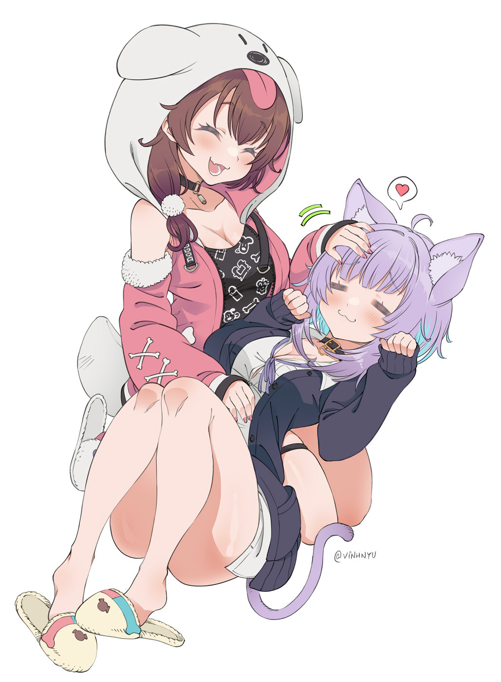 2girls :3 =_= animal_hood blush brown_hair cat_girl cat_tail closed_eyes detached_sleeves dog_hood full_body fur-trimmed_sleeves fur_trim headpat heart highres hololive hood inugami_korone lap_pillow multiple_girls nekomata_okayu pink_sleeves pink_vest purple_hair simple_background slippers spoken_heart tail twitter_username vest vinhnyu white_background yuri |d