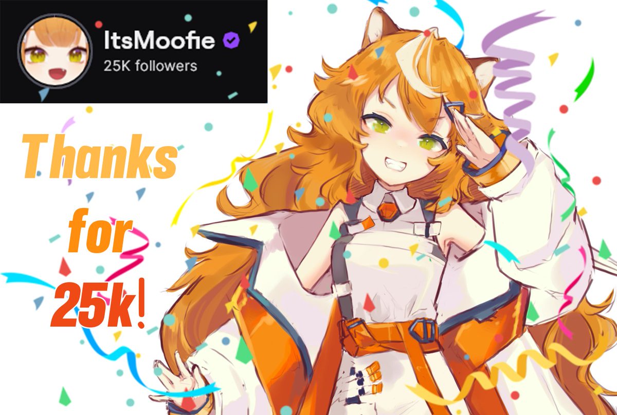 1girl animal_ears bangs breasts confetti english_commentary green_eyes head_tilt indie_virtual_youtuber jacket medium_breasts milestone_celebration moofie_(artist) moofie_(vtuber) off_shoulder open_hand orange_belt orange_hair salute smile solo streamers tiger_ears tiger_girl twitch.tv upper_body v-shaped_eyebrows virtual_youtuber white_jacket