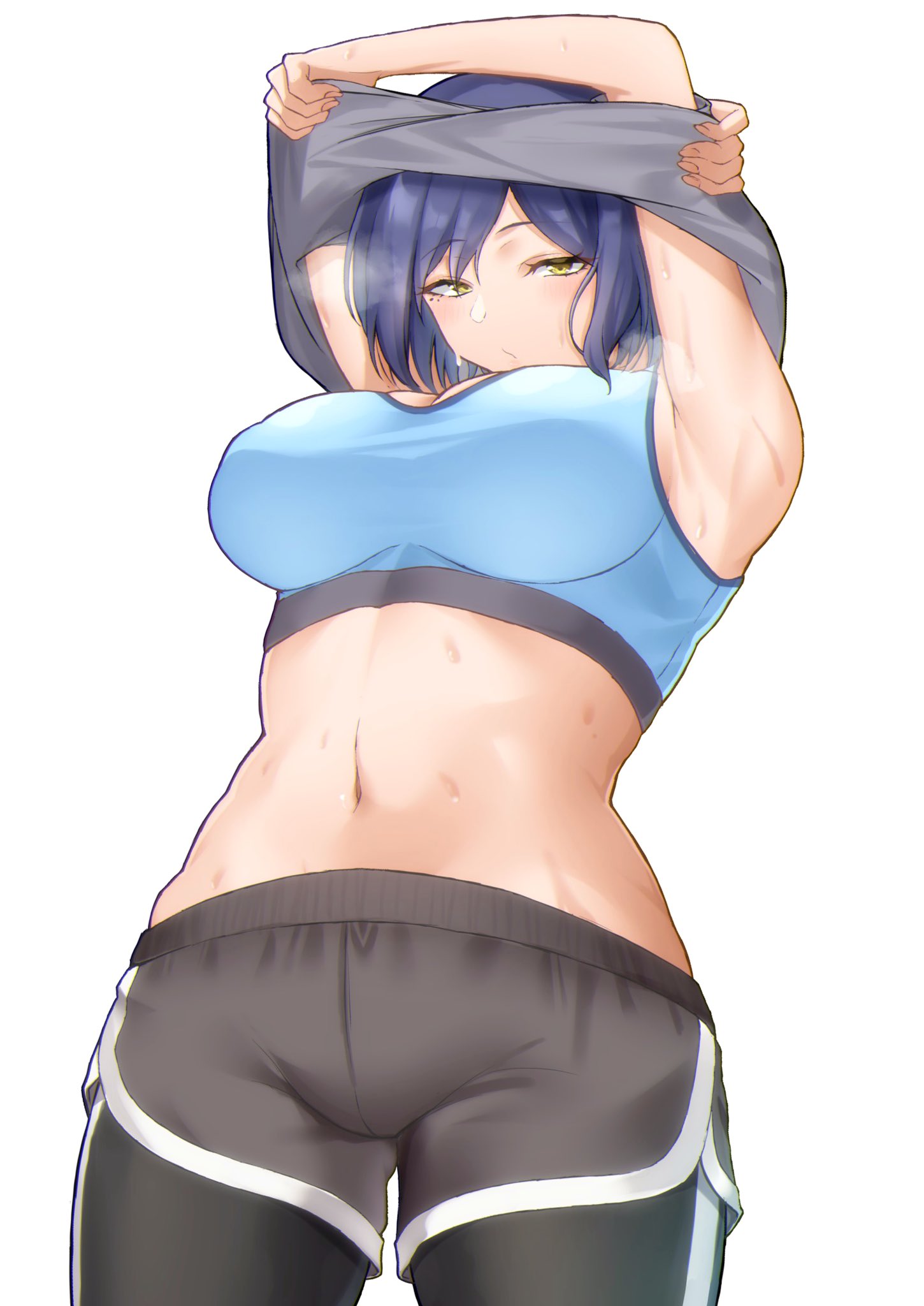 1girl armpits blue_bra blue_hair blush bra breasts clothes_lift fingernails highres large_breasts looking_at_viewer midriff mole mole_under_eye navel nijisanji pants parted_lips shirt_lift shizuka_rin short_hair skysign_ft solo sports_bra steaming_body sweat sweatpants underwear undressing virtual_youtuber white_background