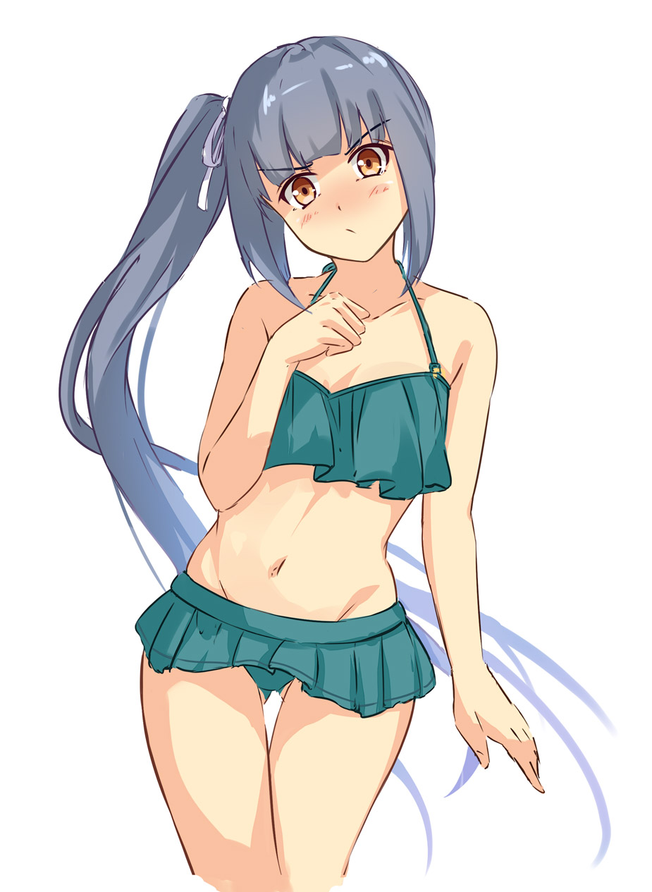 1girl ass_visible_through_thighs bikini brown_eyes collarbone commentary_request frilled_bikini frills green_bikini grey_hair groin highres kantai_collection kasumi_(kancolle) long_hair looking_at_viewer midriff navel one-hour_drawing_challenge side_ponytail solo swimsuit umegae_ousuke