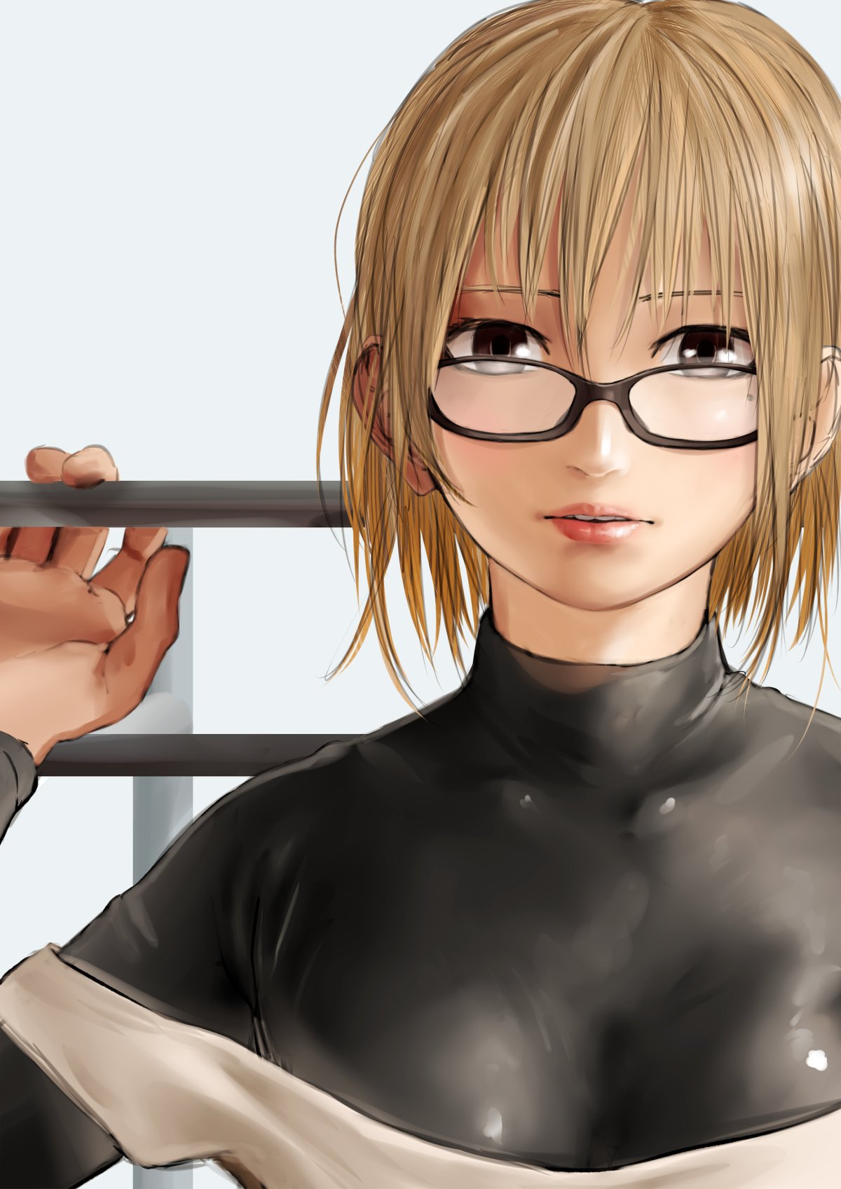 1girl black-framed_eyewear black_eyes blonde_hair glasses hands_up highres kirie_kairi latex_bodysuit looking_at_viewer medium_hair mole mole_under_eye original parted_lips pink_lips solo strap_slip