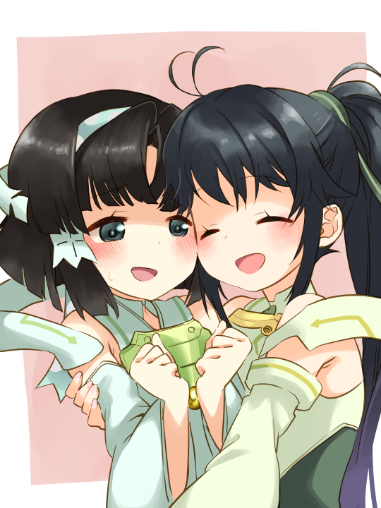 2girls ahoge arm_around_back armor bare_shoulders black_hair blush breastplate cheek-to-cheek clenched_hands closed_eyes commentary_request crossover detached_sleeves eyebrows_visible_through_hair hair_ornament hair_ribbon hairband hug long_hair multiple_girls musumi_kiyoka open_mouth ponytail ribbon short_hair simple_background sweatdrop takano_natsuki toji_no_miko yamashiro_yui yuuki_yuuna_wa_yuusha_de_aru yuusha_de_aru