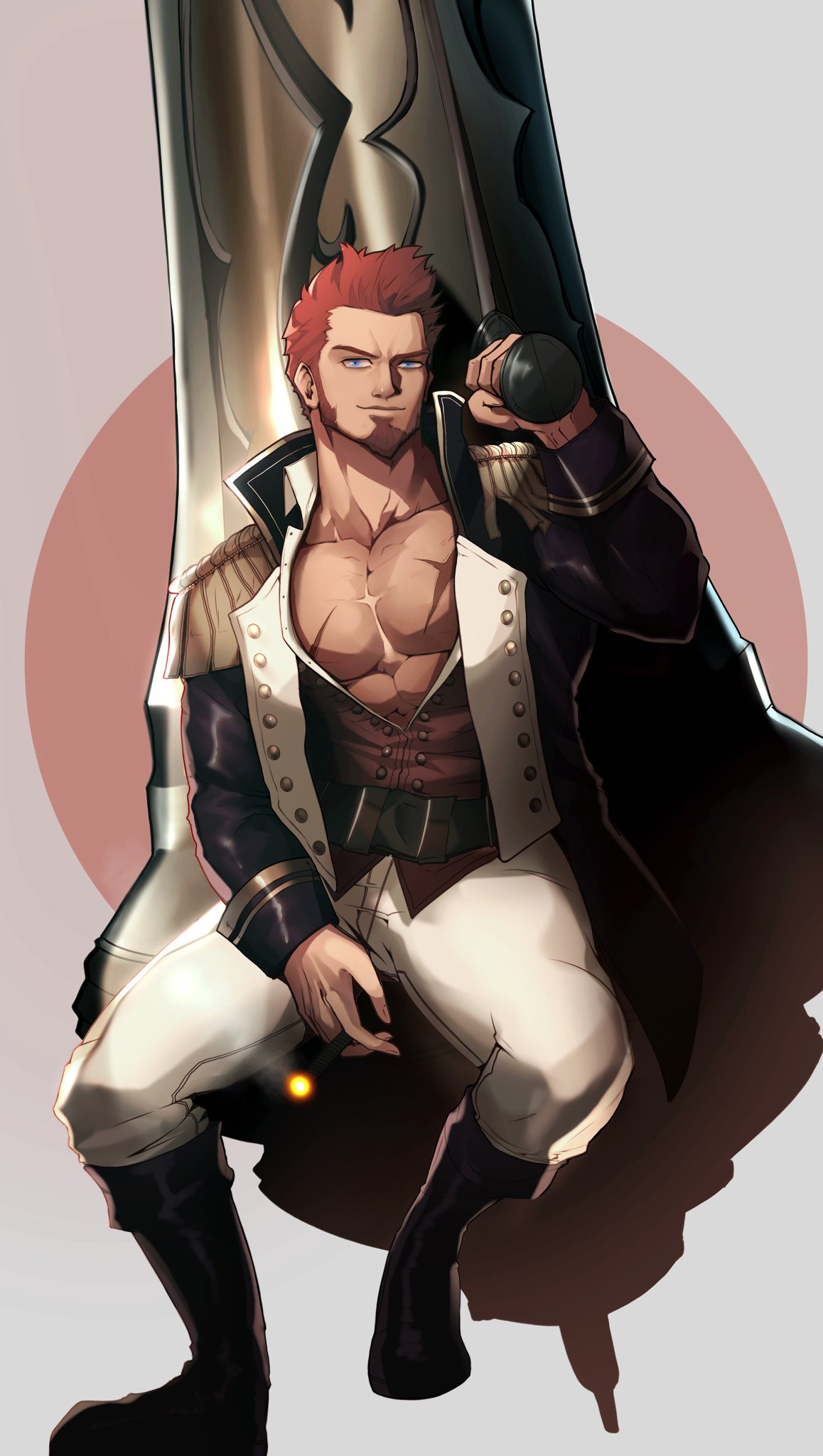 1boy abs alex_(cerealex) belt blue_eyes boots brown_belt brown_hair cannon cigar epaulettes facial_hair fate/grand_order fate_(series) fringe_trim full_body goatee highres huge_weapon jacket knee_boots long_sideburns looking_at_viewer male_cleavage male_focus mature_male military military_uniform muscular muscular_male napoleon_bonaparte_(fate) open_clothes open_jacket open_shirt pants partially_unbuttoned pectorals scar scar_on_chest short_hair sideburns smile smoking solo uniform weapon weapon_on_back white_pants
