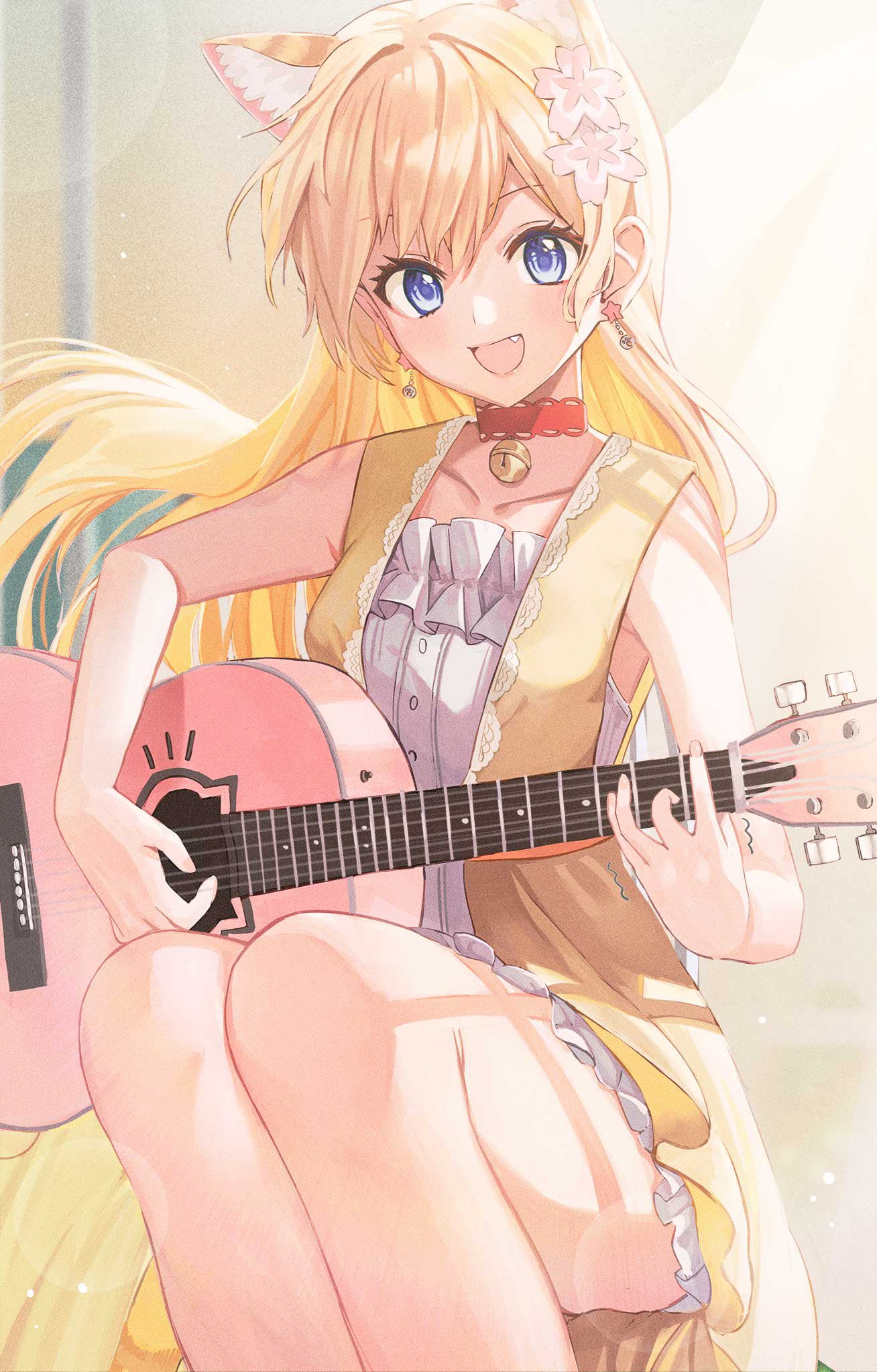 1girl :d animal_ear_fluff bare_arms bell black_legwear blonde_hair blue_eyes cat_girl choker closed_eyes dress earrings eyelashes fang flower frilled_dress frills guitar hair_flower hair_ornament haruno_koneko highres indie_virtual_youtuber instrument jewelry jingle_bell long_hair looking_at_viewer music neck_bell open_mouth paw_earrings playing_instrument red_choker sanada_keisui shirt short_dress sitting sleeveless sleeveless_dress smile solo vest white_dress white_shirt yellow_vest