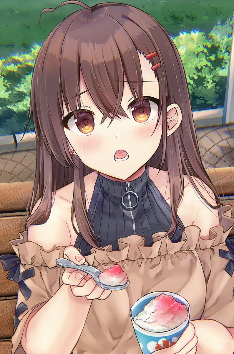 1girl ahoge bangs bare_shoulders black_shirt blush brown_eyes brown_hair brown_shirt collarbone commentary_request cup day disposable_cup eyebrows_visible_through_hair hair_between_eyes hair_ornament hairclip highres holding holding_cup holding_spoon kooribata long_hair looking_at_viewer maruma_(maruma_gic) off-shoulder_shirt off_shoulder on_bench open_mouth original outdoors shaved_ice shirt short_sleeves sitting sitting_on_bench sleeveless sleeveless_shirt solo spoon upper_body