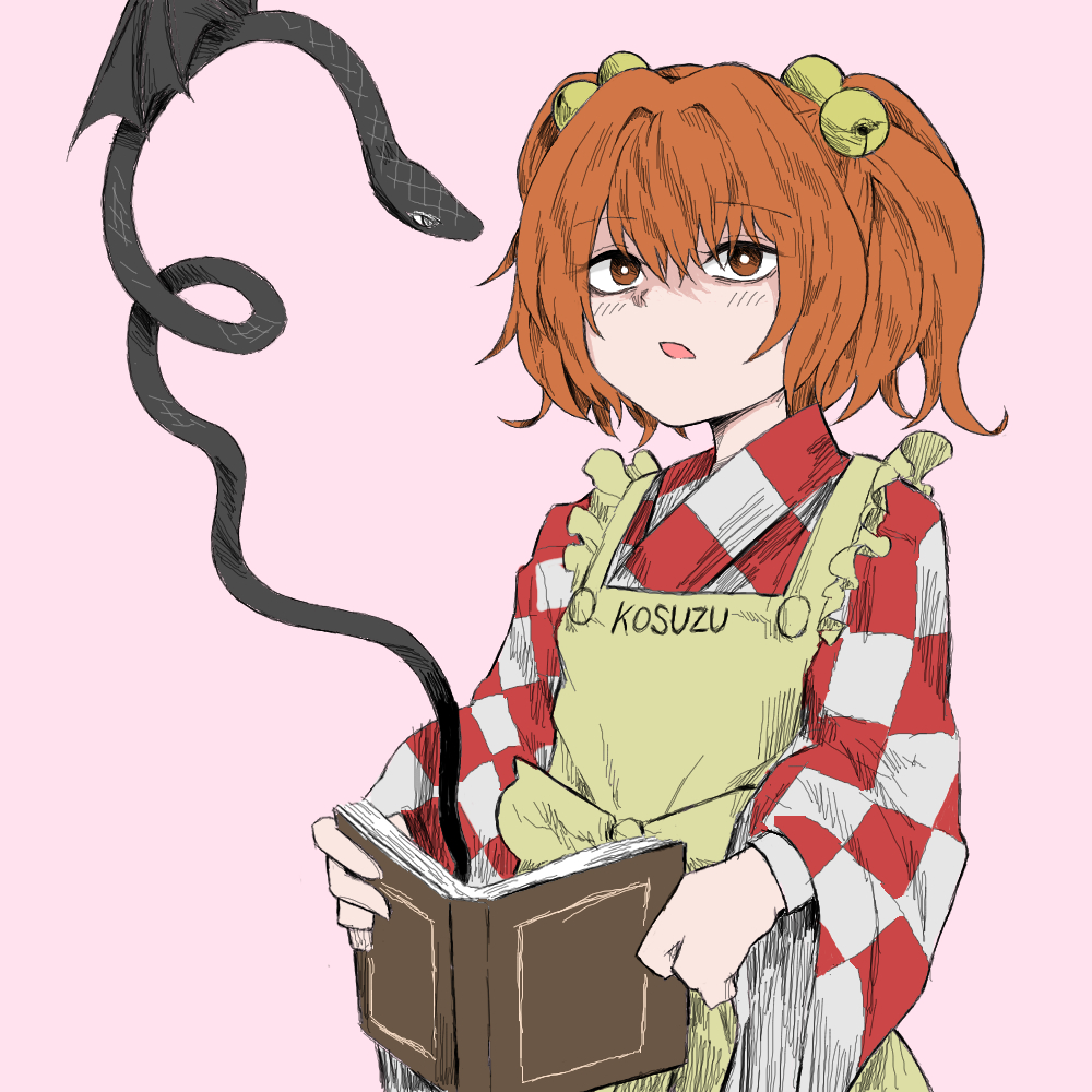 1girl apron bangs bell book bright_pupils character_name checkered checkered_kimono eyebrows_visible_through_hair fe_(tetsu) flat_chest frills hair_between_eyes hair_bobbles hair_intakes hair_ornament holding holding_book japanese_clothes jingle_bell kimono long_sleeves motoori_kosuzu open_book open_mouth orange_eyes orange_hair pink_background simple_background solo touhou two_side_up upper_body white_pupils wide_sleeves youkai