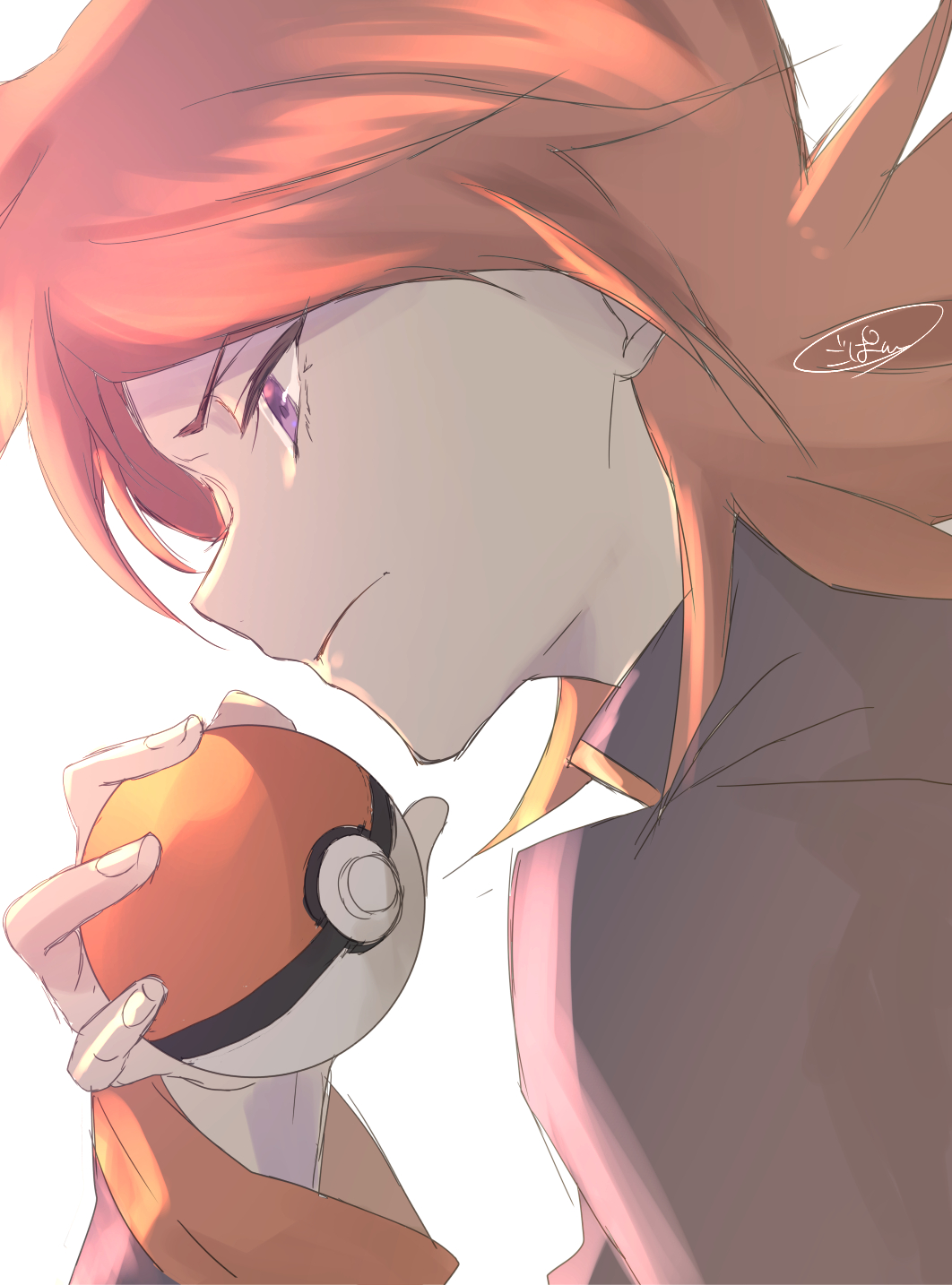 1boy angry frown gopan_(pkghnman) high_collar highres holding holding_poke_ball jacket looking_to_the_side male_focus medium_hair poke_ball pokemon pokemon_(game) pokemon_hgss redhead silver_(pokemon) simple_background sketch solo violet_eyes white_background