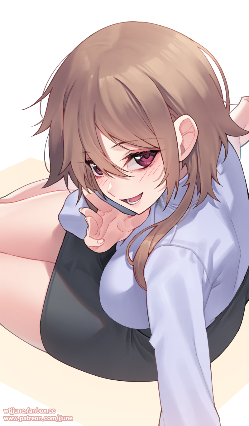 1girl arm_support bare_legs barefoot black_skirt blush breasts eyebrows_visible_through_hair eyelashes fanbox_username fingernails hair_between_eyes hair_over_shoulder hand_up highres jjune light_brown_hair long_fingernails long_sleeves looking_at_viewer medium_breasts open_mouth original patreon_username pencil_skirt red_eyes shiny shiny_hair shirt sidelocks simple_background sitting skirt smile soles solo symbol_commentary watermark web_address white_background yokozuwari