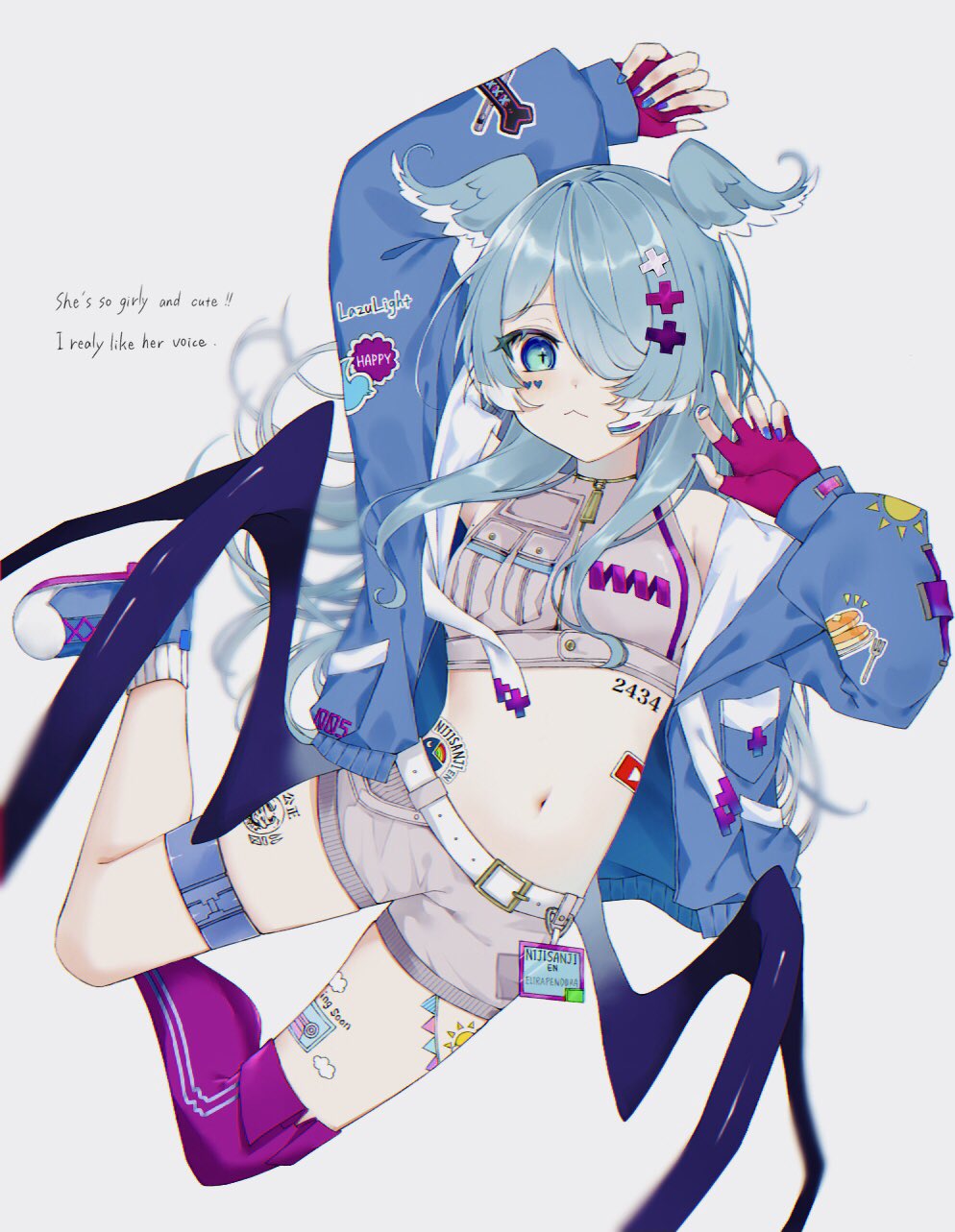 1girl acorn_(lakebiwabiwa) alternate_costume bangs blue_eyes blue_footwear blue_hair blue_jacket blush breasts crop_top dragon_girl elira_pendora english_text grey_shorts hair_over_one_eye head_wings highres jacket low_wings midriff navel nijisanji nijisanji_en short_shorts shorts single_thighhigh small_breasts solo sticker thigh-highs twitter_logo virtual_youtuber wings