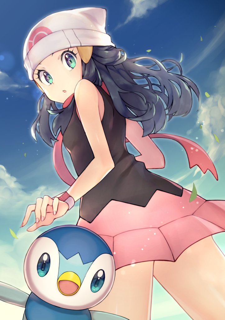 1girl beanie black_hair blue_eyes clouds commentary_request hikari_(pokemon) day eyelashes floating_scarf from_below gen_4_pokemon hair_ornament hairclip hat leaves_in_wind long_hair looking_at_viewer looking_back outdoors pink_scarf piplup pokemon pokemon_(anime) pokemon_(creature) pokemon_swsh_(anime) rindoriko scarf sky sleeveless starter_pokemon white_headwear