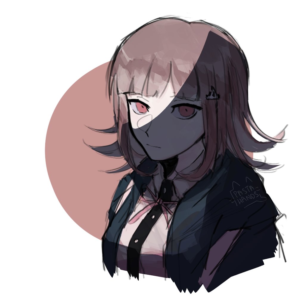 1girl artist_logo artist_name bangs black_jacket black_shirt blunt_bangs brown_hair closed_mouth collared_shirt commentary cropped_torso dangan_ronpa_(series) dangan_ronpa_2:_goodbye_despair dress_shirt eyebrows_visible_through_hair flipped_hair grey_shirt hair_ornament hairclip hood jacket looking_at_viewer medium_hair nanami_chiaki neck_ribbon open_clothes open_jacket pale_skin pastahands pink_eyes pink_ribbon ribbon shirt solo two-tone_background upper_body white_background white_shirt