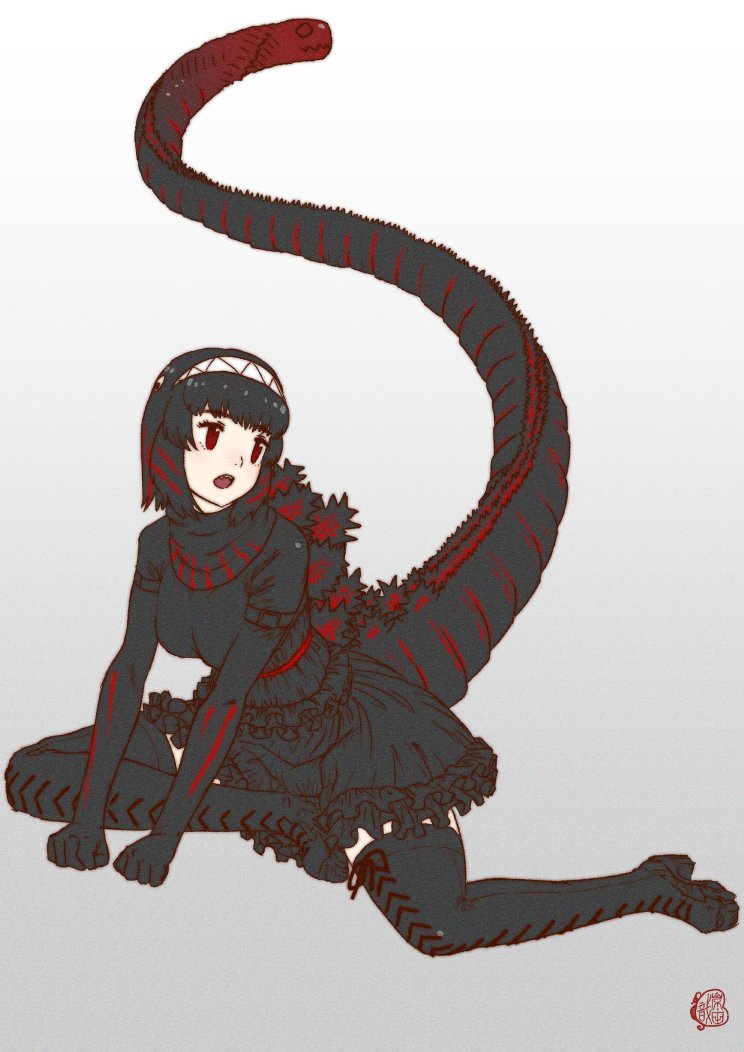 1girl bangs black_hair boots cross-laced_footwear elbow_gloves frills full_body gloves godzilla godzilla_(series) godzilla_(shin) hair_ornament hairband kemono_friends kishida_shiki lace-up_boots leaning_forward long_tail looking_to_the_side medium_hair multicolored_hair open_mouth personification red_eyes redhead shin_godzilla sitting skirt solo sweater tail thigh-highs thigh_boots two-tone_hair zettai_ryouiki