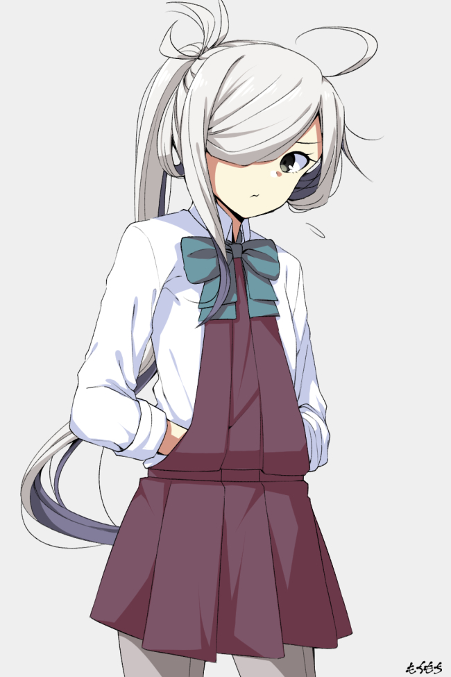 1girl ahoge asashimo_(kancolle) brown_dress commentary_request dress gradient gradient_background grey_background grey_eyes grey_legwear hair_over_one_eye halterneck kantai_collection long_hair looking_at_viewer moti_coi one-hour_drawing_challenge pantyhose ponytail purple_legwear school_uniform shirt silver_hair solo white_shirt