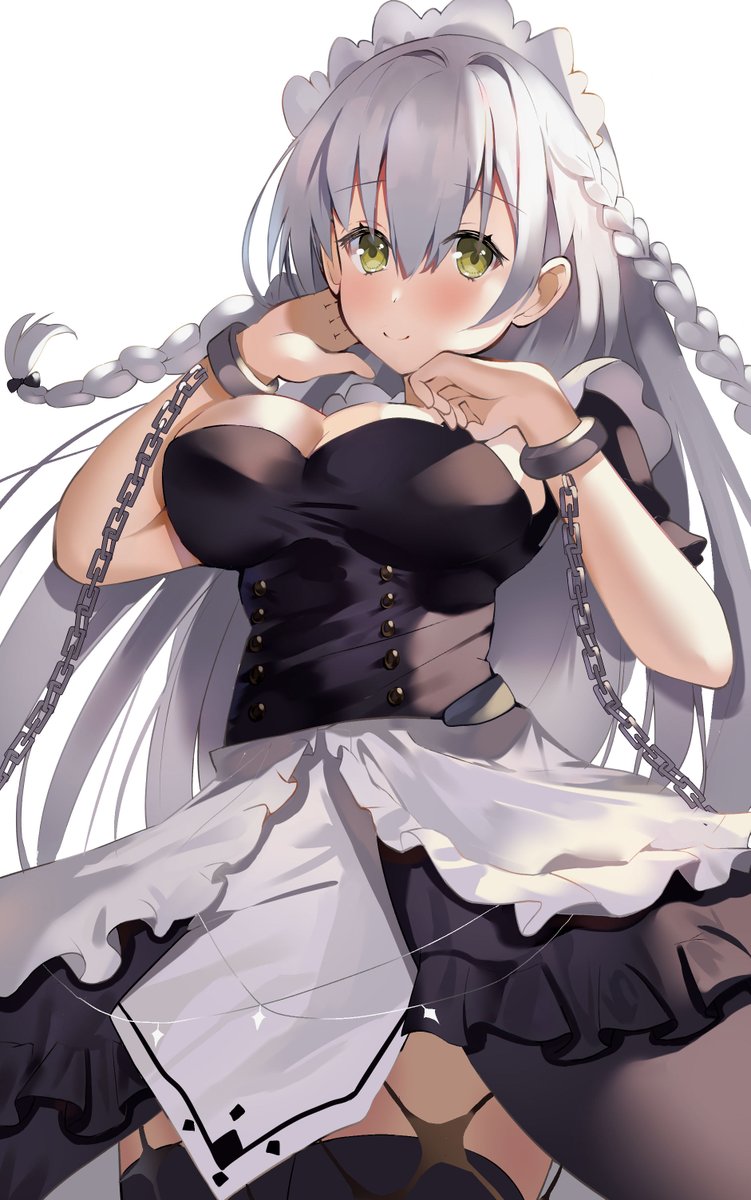 1girl aa44 apron azur_lane black_bow black_dress black_legwear bow braid breasts chain chained cuffs dress frilled_apron frills hair_between_eyes handcuffs headdress hermione_(azur_lane) highres large_breasts light_brown_eyes looking_at_viewer low_tied_hair maid maid_apron maid_headdress puffy_short_sleeves puffy_sleeves short_sleeves silver_hair simple_background smile thigh-highs twin_braids waist_apron white_apron white_background