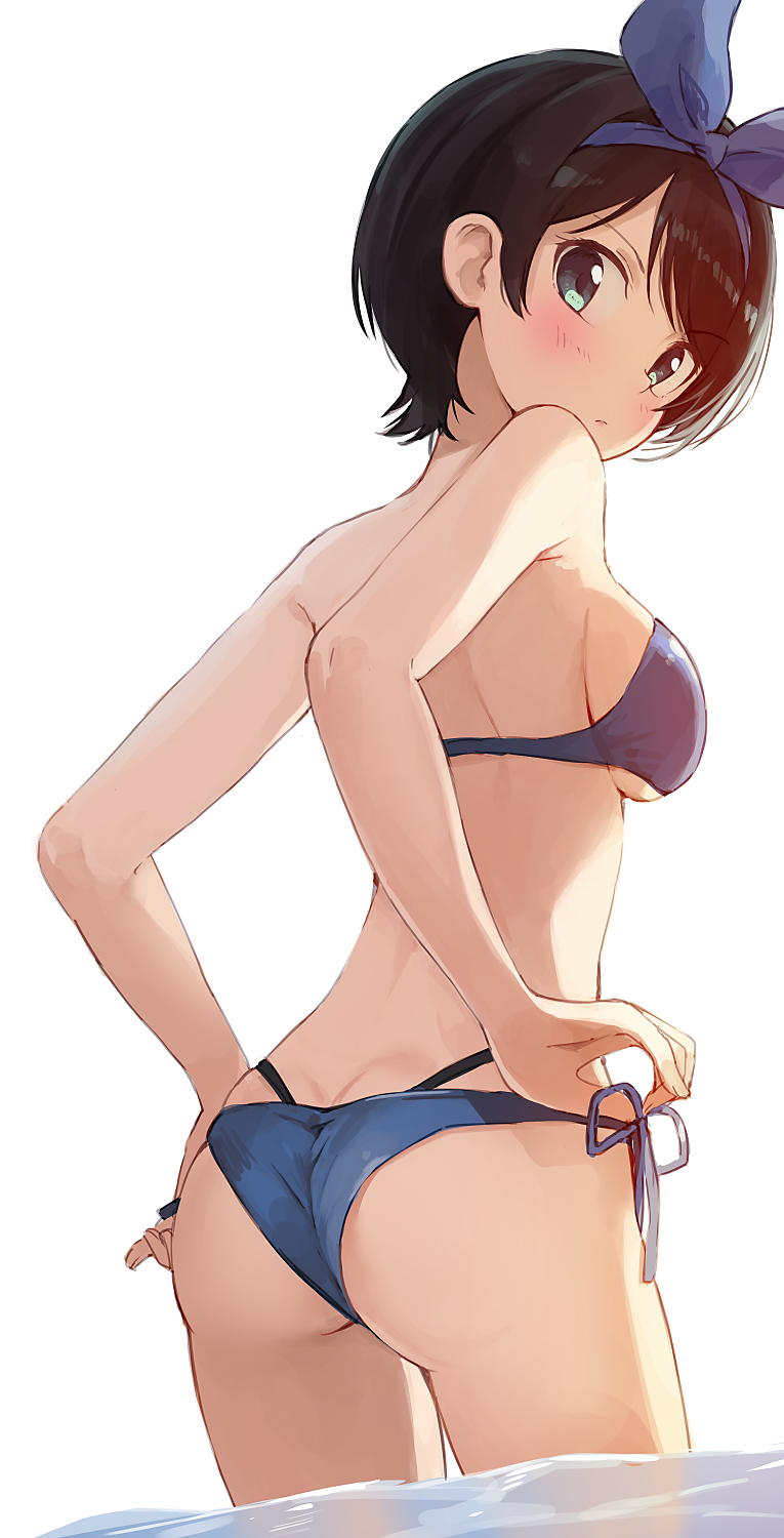 1girl ass bangs bare_shoulders bikini black_hair blue_bikini blue_eyes blue_ribbon blush breasts eyebrows_visible_through_hair facing_away hair_ribbon highres hiroki_(yyqw7151) in_water kanojo_okarishimasu looking_at_viewer looking_back ribbon sarashina_ruka shallow_water short_hair side-tie_bikini simple_background solo strapless strapless_bikini swimsuit thighs water white_background