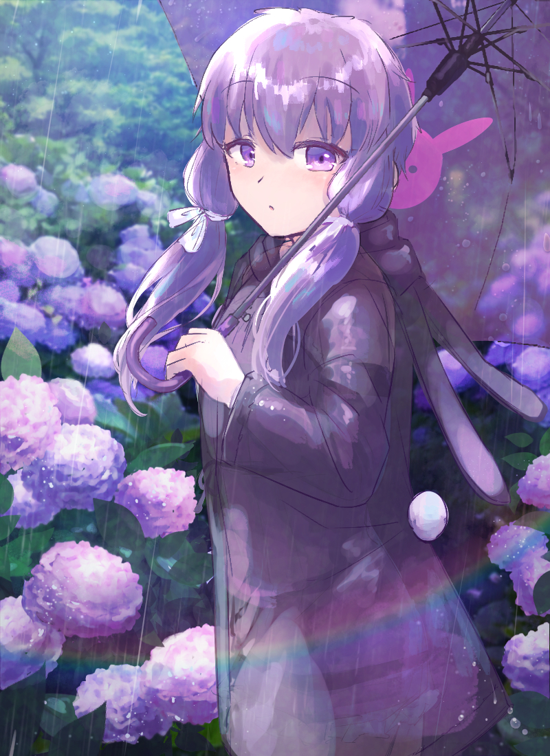 1girl animal_print bunny_print commentary cowboy_shot dress flower frilled_dress frills from_side hair_tie holding holding_umbrella hydrangea looking_to_the_side outdoors photo-referenced pink_flower plant pty purple_dress purple_flower purple_hair purple_sleeves purple_umbrella rain rainbow raincoat short_hair_with_long_locks sidelocks solo standing umbrella violet_eyes vocaloid voiceroid yuzuki_yukari
