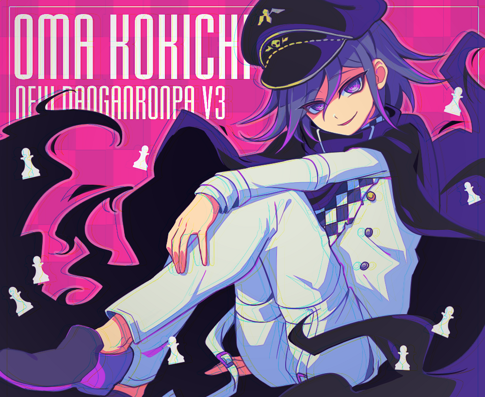 1boy bangs black_footwear black_headwear black_scarf blue_hair buttons cape character_name checkered checkered_neckwear checkered_scarf chess_piece commentary_request dangan_ronpa_(series) dangan_ronpa_v3:_killing_harmony hair_between_eyes hat knees_up long_sleeves looking_at_viewer male_focus open_mouth ouma_kokichi pants parted_lips peaked_cap pink_background purple_cape purple_footwear sasakama_(sasagaki01) scarf shoes smile solo torn_cape torn_clothes violet_eyes white_pants white_scarf