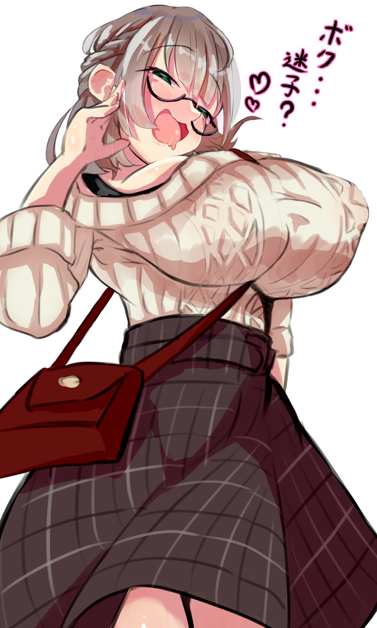 1girl bag between_breasts breasts drooling floating_heart glasses green_hair highres hololive huge_breasts meshiiro_(rome_sy) off-shoulder_sweater off_shoulder plaid plaid_skirt shirogane_noel silver_hair skirt strap_between_breasts sweater translated virtual_youtuber white_background