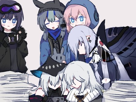 6+girls ? andreana_(arknights) arknights bare_shoulders black_cape black_headwear black_jacket blue_eyes blue_hair blue_jacket blue_poison_(arknights) cape commentary cup earrings fur-trimmed_jacket fur_trim gladiia_(arknights) glaucus_(arknights) hat holding holding_cup holding_phone hood hooded_jacket jacket jewelry looking_at_phone lowres multiple_girls necklace open_clothes open_jacket papers phone pink_hair pointy_ears purple_hair silver_hair simple_background skadi_(arknights) specter_(arknights) spoken_question_mark zhu_mianzi