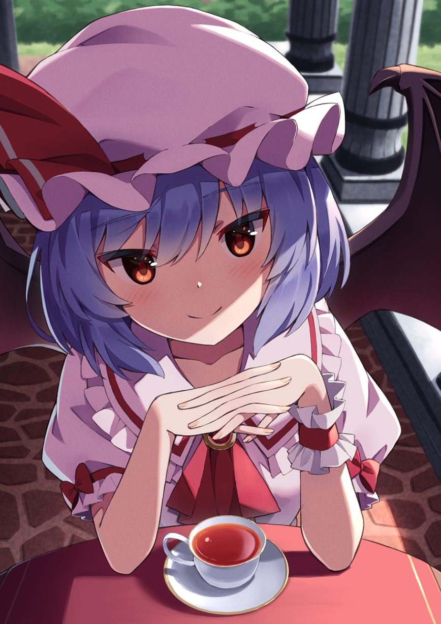 1girl bat_wings bow brooch commentary dress fang frilled_shirt frilled_shirt_collar frilled_sleeves frills hat hat_ribbon highres jewelry kochi_michikaze mob_cap pink_dress puffy_short_sleeves puffy_sleeves purple_hair red_bow red_eyes red_ribbon remilia_scarlet ribbon ribbon_trim sash shirt short_hair short_sleeves solo touhou wings