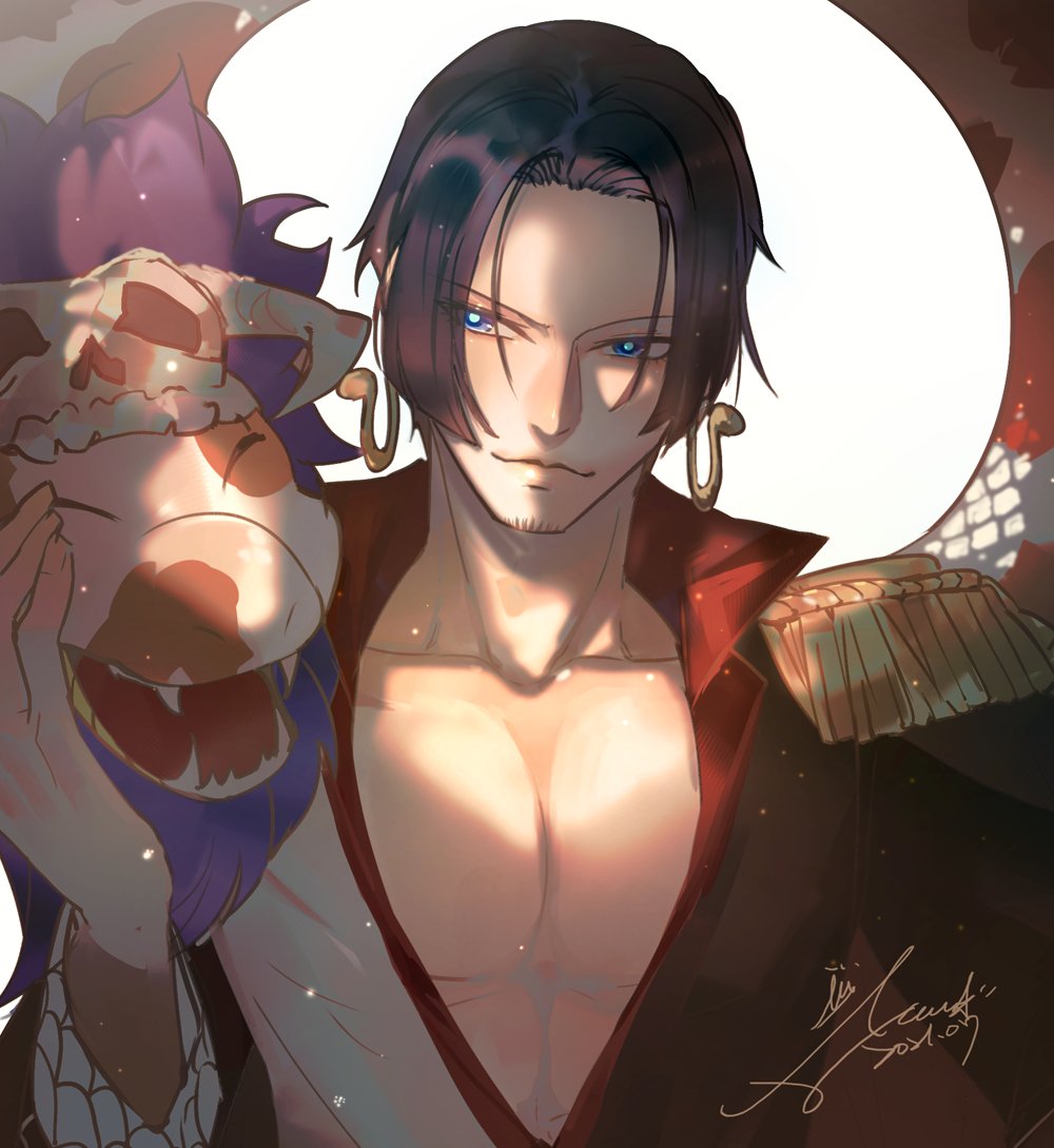 1boy animal black_hair blue_eyes blue_pupils boa_hancock chinese_commentary closed_mouth coat collarbone commentary_request earrings emase_(foxmoon) eyes_visible_through_hair facial_hair genderswap genderswap_(ftm) high_collar jewelry looking_at_another male_focus mature_male one_piece pectorals salome_(one_piece) shichibukai short_hair signature simple_background smile snake snake_earrings upper_body white_background