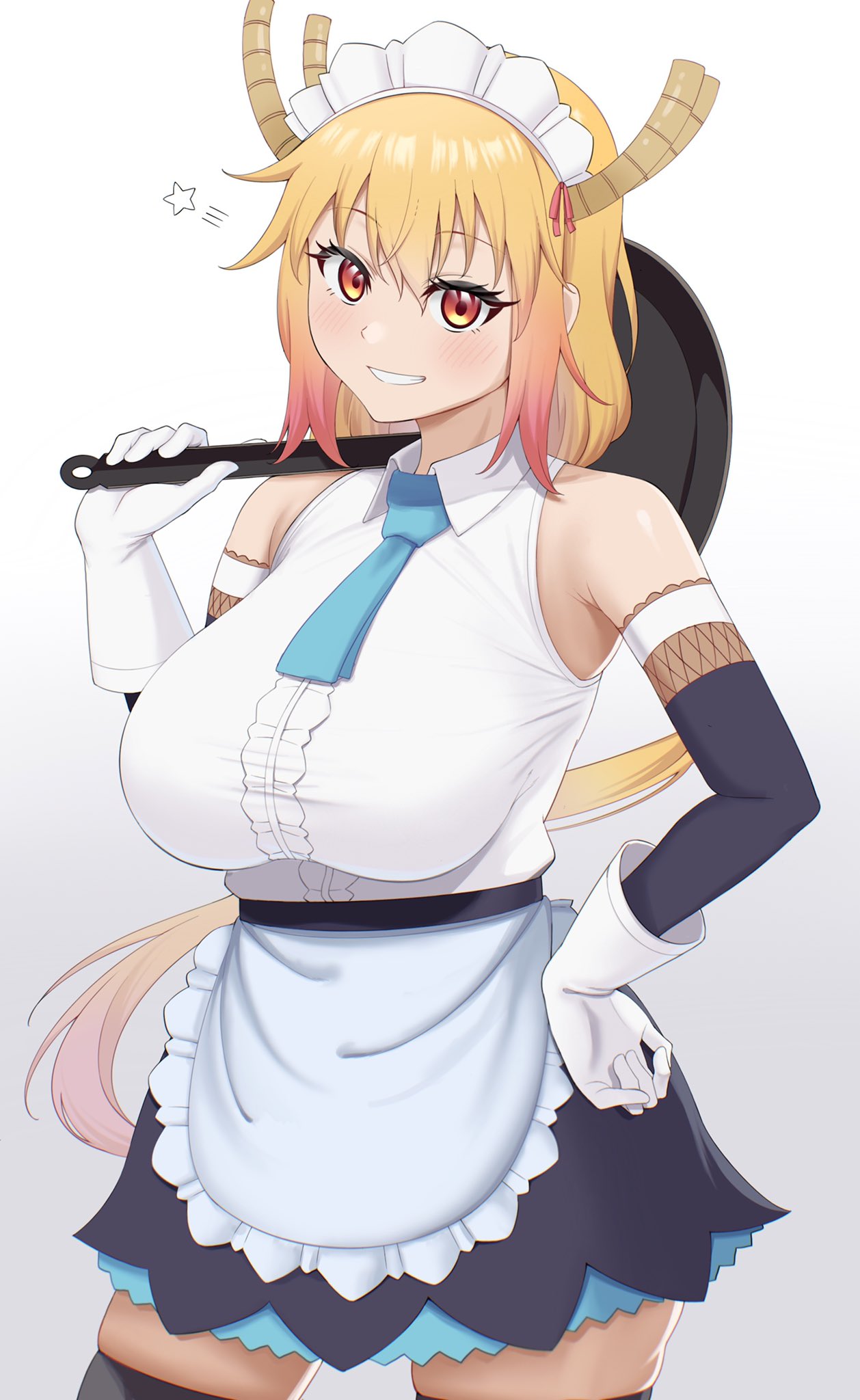 1girl apron bangs black_legwear blonde_hair blue_neckwear blush breasts bridal_gauntlets collared_shirt colored_tips cowboy_shot dragon_girl dragon_horns eyebrows_visible_through_hair frying_pan gloves gradient_hair hand_on_hip hand_up highres holding holding_frying_pan horns kobayashi-san_chi_no_maidragon large_breasts long_hair looking_at_viewer maid maid_apron maid_headdress multicolored_hair necktie orange_eyes orange_hair period_(anony_83) shirt short_necktie skindentation sleeveless smile solo star_(symbol) teeth thigh-highs tohru_(maidragon) very_long_hair white_gloves zettai_ryouiki