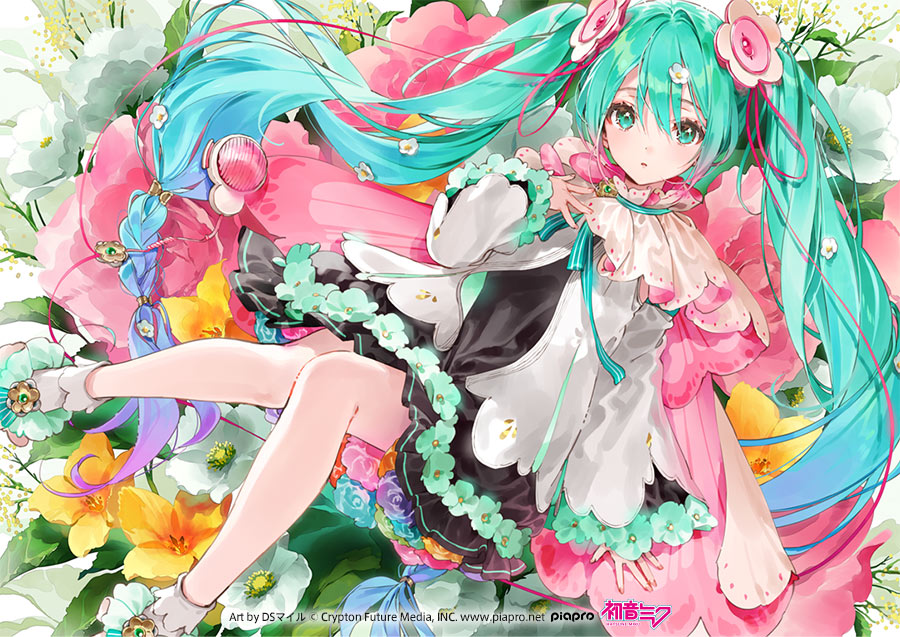 1girl bangs blue_eyes blue_hair dsmile flower hair_between_eyes hair_flower hair_ornament hatsune_miku long_hair long_sleeves looking_at_viewer magical_mirai_(vocaloid) parted_lips ribbon shoes sleeves_past_wrists socks solo twintails very_long_hair vocaloid