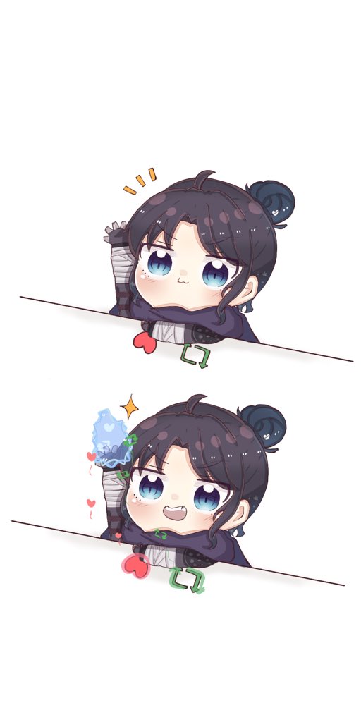 1girl apex_legends black_gloves black_hair blush bongo_cat chibi commentary_request energy eyebrows_visible_through_hair gloves hair_bun koiharu like_and_retweet meme open_hand open_mouth purple_scarf scarf smile v-shaped_eyebrows wraith_(apex_legends)