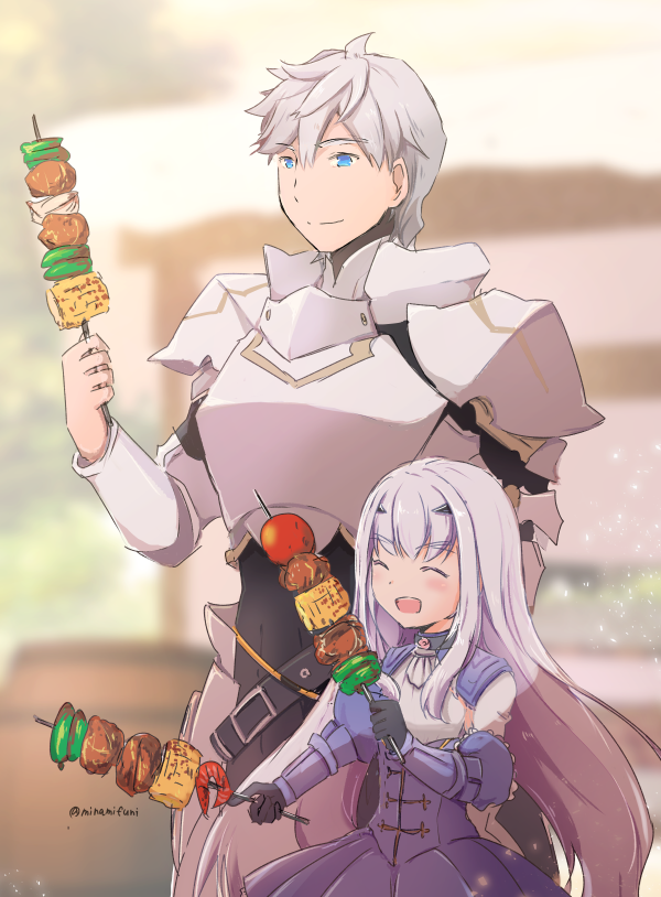 1boy 1girl armor black_gloves blue_dress blue_eyes closed_eyes dress eyebrows_visible_through_hair fairy_knight_lancelot_(fate) fate/grand_order fate_(series) food gloves happy height_difference long_hair meat minafuni open_mouth percival_(fate) skewer smile twitter_username white_hair