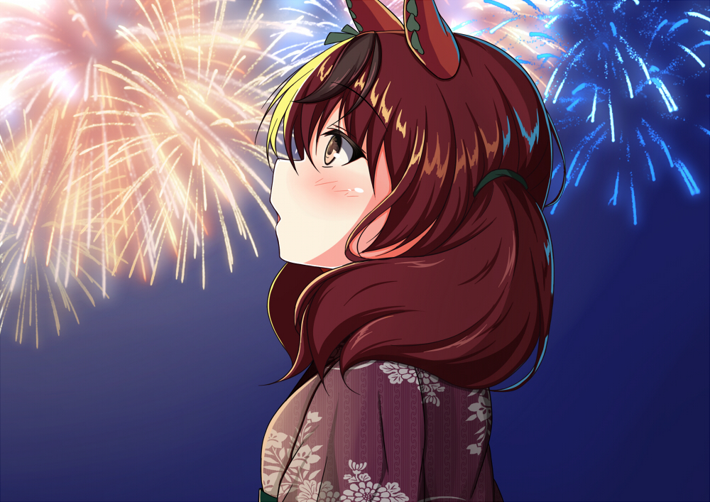 1girl aerial_fireworks animal_ears bangs black_hair blush brown_eyes brown_hair brown_kimono commentary_request eyebrows_visible_through_hair fireworks from_side hair_between_eyes horse_ears japanese_clothes kimono long_hair looking_away multicolored_hair nice_nature_(umamusume) open_mouth profile solo sonosakiburi streaked_hair umamusume upper_body