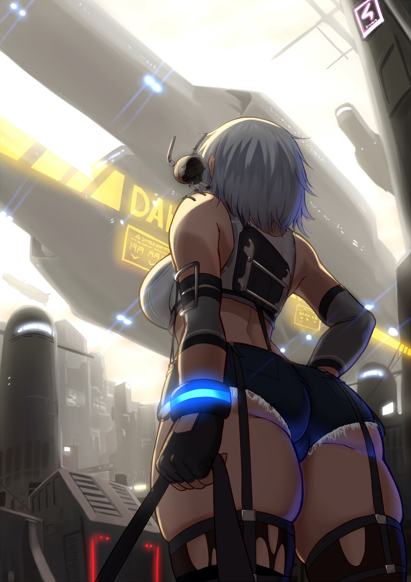 1girl ass bag bare_shoulders black_gloves black_legwear breasts cityscape commentary_request crop_top cutoffs fingernails from_behind from_below garter_straps gloves holding holding_bag large_breasts maku_ro medium_hair original science_fiction short_shorts shorts silver_hair steampunk tank_top thigh-highs white_tank_top wrist_cuffs