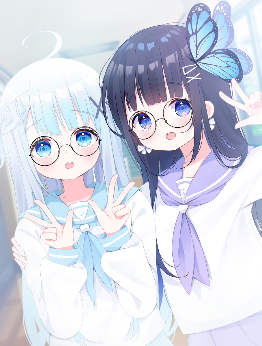 2girls :d ahoge amatsuka_uto aoi_nabi bangs black-framed_eyewear black_hair blue_eyes blue_hair blue_neckwear blue_sailor_collar blue_skirt blurry blurry_background blush butterfly_hair_ornament commentary depth_of_field deyui double_w english_commentary eyebrows_visible_through_hair glasses hair_ornament hairclip hand_up hands_up highres indie_virtual_youtuber indoors long_hair long_sleeves looking_at_viewer multiple_girls neckerchief open_mouth puffy_long_sleeves puffy_sleeves purple_neckwear purple_sailor_collar purple_skirt round_eyewear sailor_collar school_uniform serafuku shirt signature skirt smile upper_teeth very_long_hair virtual_youtuber w white_shirt x_hair_ornament