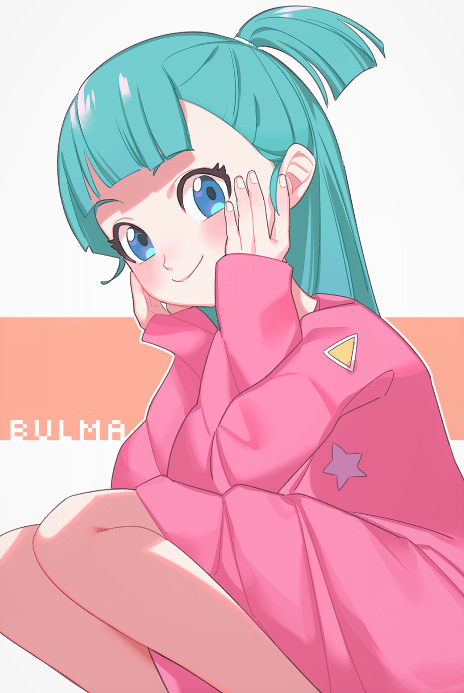 1girl blue_eyes blue_hair blush bulma closed_mouth dragon_ball dragon_ball_(classic) dress fingernails hands_on_own_cheeks hands_on_own_face highres inuyama_nanami long_hair long_sleeves looking_at_viewer pink_dress smile solo squatting