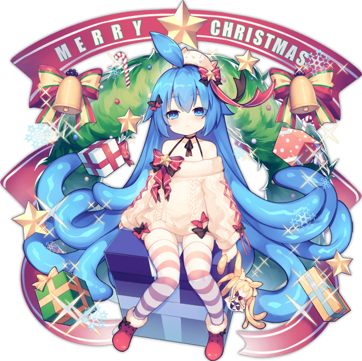 1girl ahoge ao_jun ark_order bangs bell black_bow black_choker black_ribbon blue_eyes blue_hair boots bow candy candy_cane character_doll choker christmas food fur-trimmed_boots fur_trim gift golden_slime_(ark_order) hair_bow hair_flaps long_hair looking_at_viewer merry_christmas official_art oversized_clothes red_bow red_footwear ribbon sitting slime_(ark_order) snowflakes solo sparkle striped striped_legwear sweater tachi-e tentacle_hair thigh-highs very_long_hair white_sweater wreath