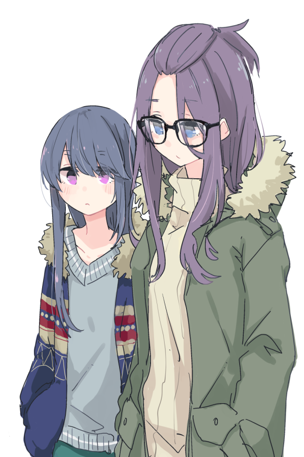 2girls bangs blue_eyes blue_hair closed_mouth commentary_request cowboy_shot eyebrows_visible_through_hair glasses hands_in_pockets jacket kagamihara_sakura long_hair looking_down multiple_girls purple_hair shima_rin shiroshi_(denpa_eshidan) side-by-side simple_background standing violet_eyes white_background yurucamp