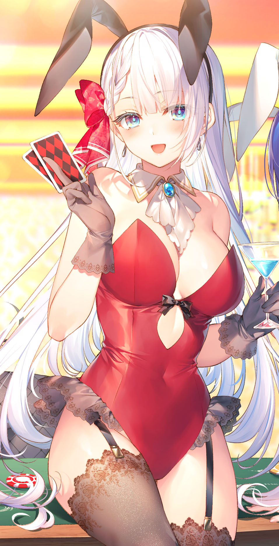1girl :d animal_ears bare_arms bare_shoulders blue_eyes braid breasts brooch brown_gloves brown_legwear card center_opening covered_navel detached_collar earrings fake_animal_ears frills garter_straps gloves gold_trim hairband hand_up highres holding jewelry large_breasts leotard long_hair looking_at_viewer lyseria_christaria open_mouth playboy_bunny playing_card poker_chip rabbit_ears red_leotard seiken_gakuin_no_maken_tsukai sidelocks sitting smile solo strapless strapless_leotard thigh-highs thighs toosaka_asagi white_hair