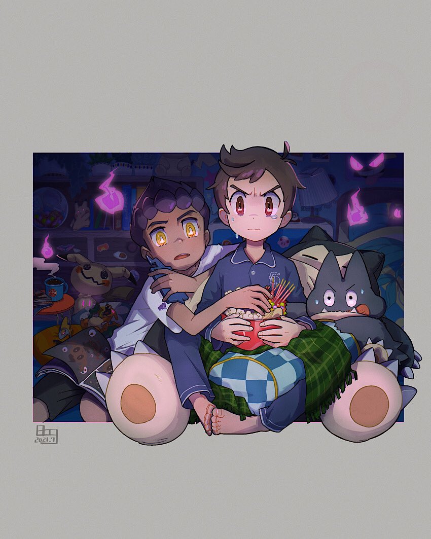 2boys alternate_costume bangs barefoot bo9_(bo9_nc) book border bowl brown_eyes brown_hair charizard claws closed_mouth dark-skinned_male dark_skin dated feet_together food gastly gen_1_pokemon gen_4_pokemon gen_6_pokemon gen_7_pokemon gen_8_pokemon grey_pants grey_shirt holding holding_bowl holding_phone hop_(pokemon) indoors inteleon long_sleeves male_focus mimikyu multiple_boys munchlax open_mouth pajamas pants phantump phone pikachu plaid pokemon pokemon_(creature) pokemon_(game) pokemon_swsh popcorn purple_hair rotom rotom_phone scarf shirt short_hair signature sitting snorlax swept_bangs symbol_commentary t-shirt tearing_up toes tongue upper_teeth victor_(pokemon) white_shirt yellow_eyes