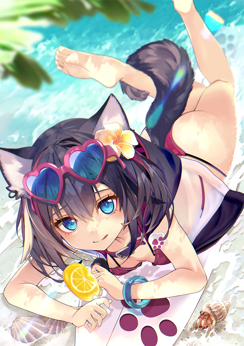 1girl animal animal_ear_fluff animal_ears ass bangs bare_legs barefoot bikini bikini_under_clothes black_hair blue-tinted_eyewear blue_eyes blurry blurry_foreground cat_ears cat_girl cat_tail commentary_request crab day depth_of_field eyebrows_visible_through_hair flower hair_between_eyes hair_flower hair_ornament heart heart-shaped_eyewear hood hood_down hooded_jacket jacket legs_up original outdoors red-framed_eyewear red_bikini seashell shell shirokitsune sleeveless sleeveless_jacket soles solo swimsuit tail water white_jacket yellow_flower