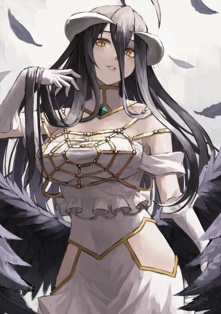 1girl ahoge albedo_(overlord) bare_shoulders black_hair black_wings breasts commentary_request cowboy_shot demon_girl demon_horns demon_wings dress elbow_gloves fagi_(kakikaki) feathered_wings feathers gloves gradient gradient_background grey_background hair_between_eyes horns large_breasts long_hair looking_at_viewer low_wings overlord_(maruyama) slit_pupils solo white_dress white_gloves wings yellow_eyes