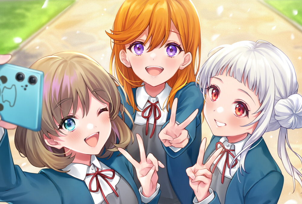 3girls ;d arashi_chisato arm_up bangs blue_eyes blue_jacket blurry blurry_foreground brown_hair cellphone collared_shirt day depth_of_field double_bun dress eyebrows_visible_through_hair grey_dress grin hair_between_eyes holding holding_phone jacket long_hair long_sleeves looking_at_viewer love_live! love_live!_superstar!! multiple_girls neck_ribbon one_eye_closed open_clothes open_jacket open_mouth orange_hair outdoors phone red_eyes red_ribbon ribbon school_uniform selfie shiao shibuya_kanon shirt smile tang_keke twintails upper_body upper_teeth violet_eyes white_hair white_shirt