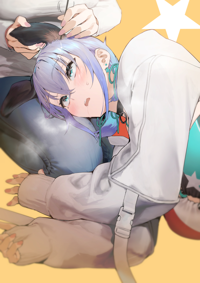 2girls animal_ears bikini blue_hair blue_pants breasts commentary_request denim dog_ears ear_cleaning eyebrows_visible_through_hair green_eyes hair_between_eyes ikuchan_kaoru ikuchan_kaoru_(character) indie_virtual_youtuber jeans lying mimikaki multiple_girls on_side orange_background original pants simple_background star_(symbol) swimsuit virtual_youtuber