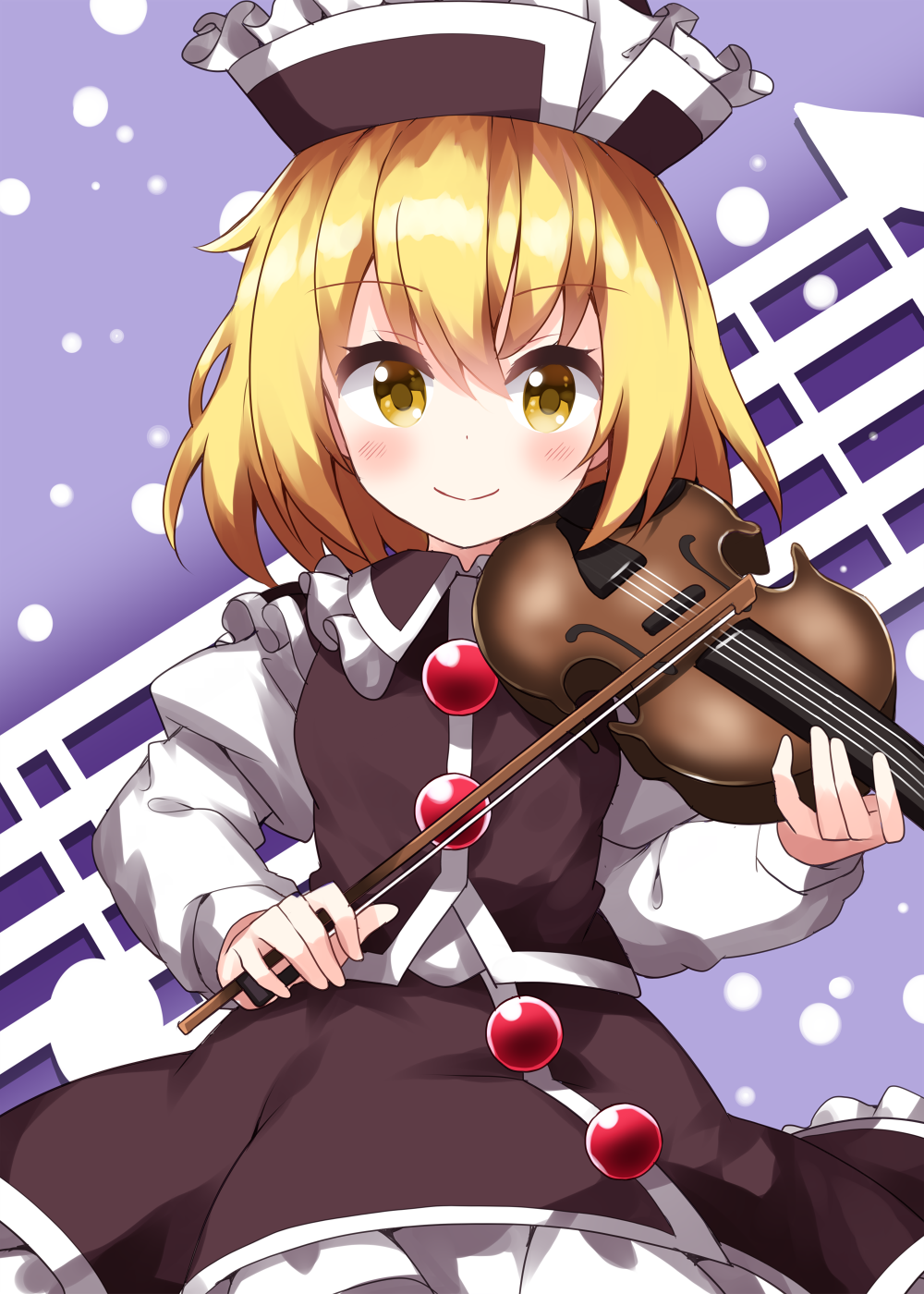 1girl bangs black_headwear black_skirt black_vest blonde_hair bow_(instrument) closed_mouth commentary_request cowboy_shot dotted_background eyebrows_visible_through_hair frilled_hat frilled_skirt frills hat highres holding holding_instrument instrument long_sleeves looking_at_viewer lunasa_prismriver musical_note purple_background ruu_(tksymkw) shirt short_hair skirt smile solo standing touhou vest violin white_shirt yellow_eyes