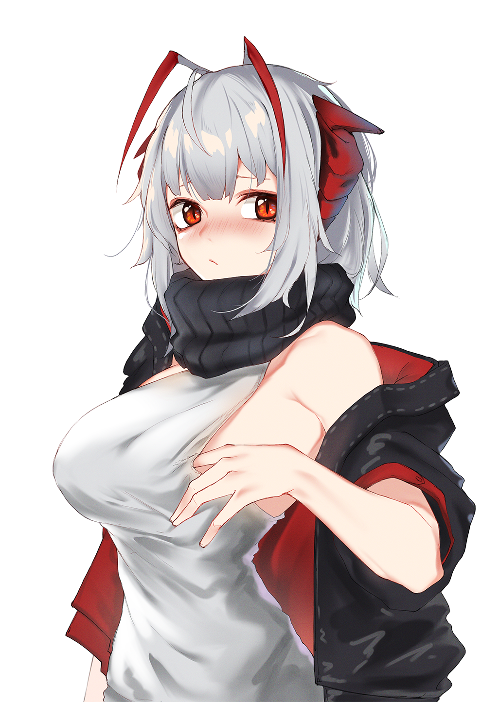 1girl ahoge arknights black_jacket black_scarf blush breasts closed_mouth clothes_pull commentary dated_commentary demon_horns grey_hair highres holding horns inniyik jacket looking_at_viewer medium_breasts off_shoulder open_clothes open_jacket red_eyes scarf shirt shirt_pull short_hair simple_background sleeveless sleeveless_shirt solo upper_body w_(arknights) white_background white_shirt