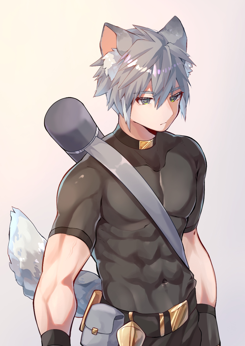 1boy animal_ear_fluff animal_ears bangs belt belt_pouch black_shirt closed_mouth commentary covered_collarbone covered_navel dog_boy dog_ears dog_tail expressionless eyebrows_visible_through_hair gradient gradient_background green_eyes grey_background hair_between_eyes highres kurobikari male_focus muscular muscular_male original pouch shirt short_hair short_sleeves shoulder_strap skin_tight solo tail thick_eyebrows upper_body very_short_hair weapon weapon_on_back yellow_background
