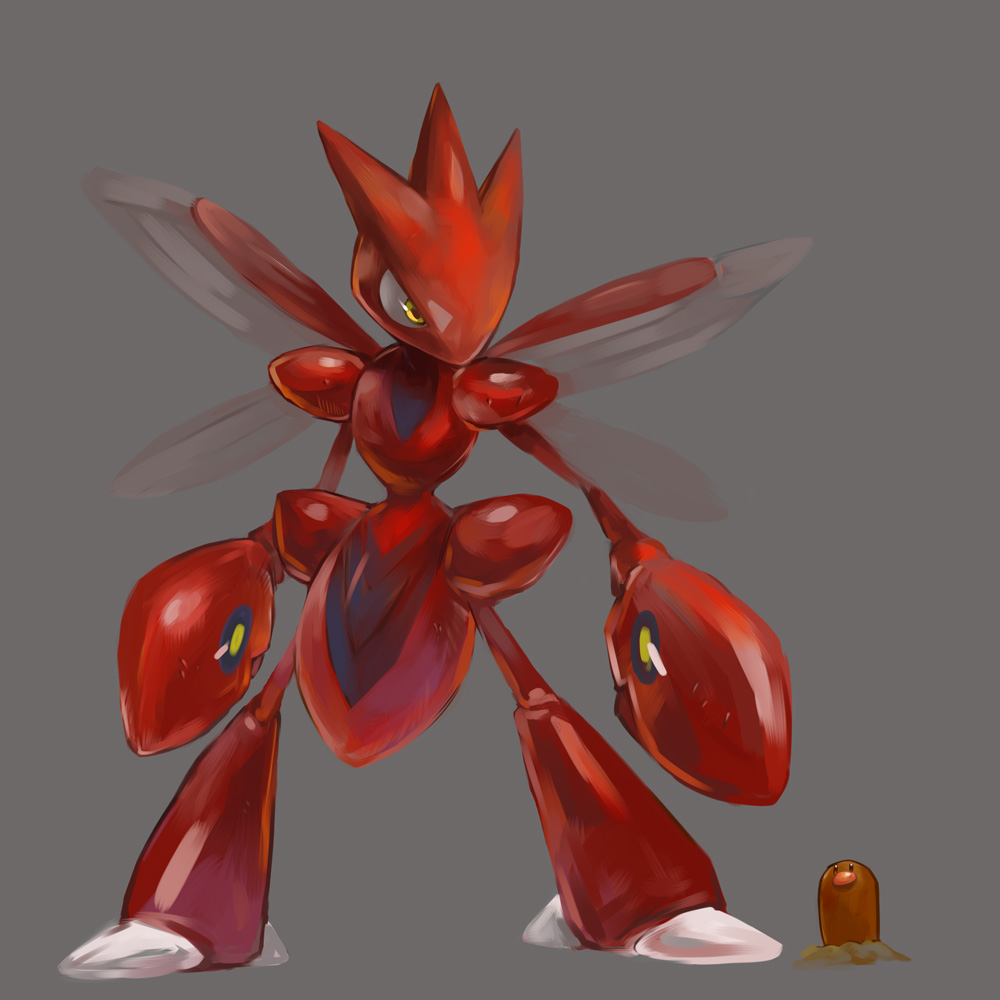 commentary_request diglett gen_1_pokemon gen_2_pokemon grey_background legs_apart mikami no_humans pokemon pokemon_(creature) scizor shiny simple_background standing yellow_eyes