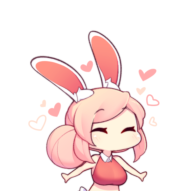 1girl ^_^ animal_ears bare_arms chibi closed_eyes commentary english_commentary eyebrows_visible_through_hair fiz_(fizintine) fizintine hair_bun heart long_hair no_mouth original pink_hair rabbit_ears side_bun simple_background solo upper_body white_background