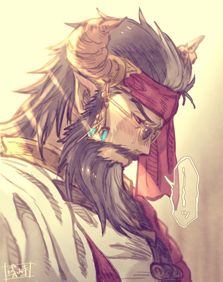 1boy beard black_hair blush draph duplicate embarrassed facial_hair flustered granblue_fantasy headband horns male_focus multicolored_hair muscular muscular_male old old_man pixel-perfect_duplicate pointy_ears red_headband redluck sanwari_(aruji_yume) sunglasses two-tone_hair upper_body white_hair